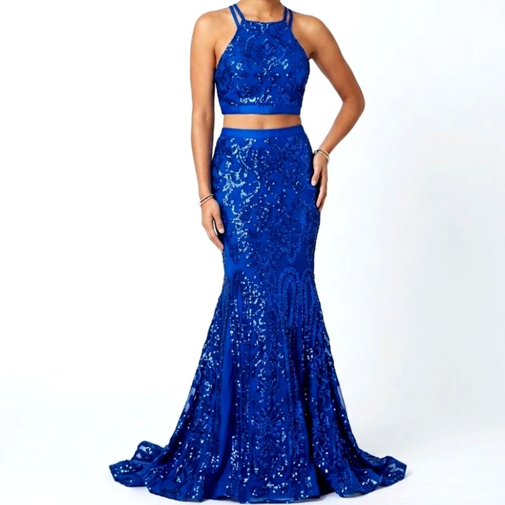 Madison James Royal Blue Sequin 2 Piece Dress Set Size 4 Small Prom Formal